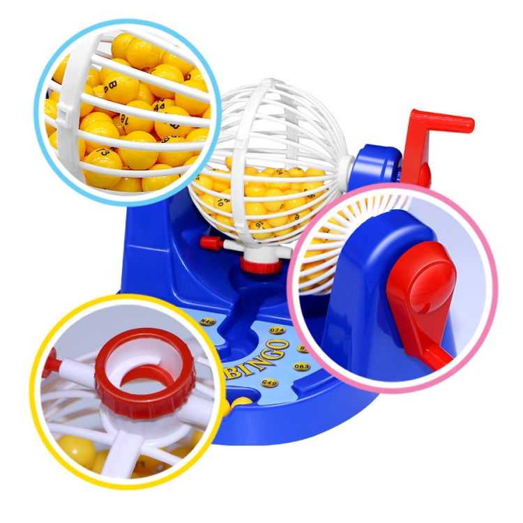 Blue Bingo desktop lottery game with ball tubes and red lever, shown with close-up insets