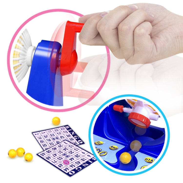 Blue Bingo desktop lottery game with red lever, hand inserting balls, and small number cards