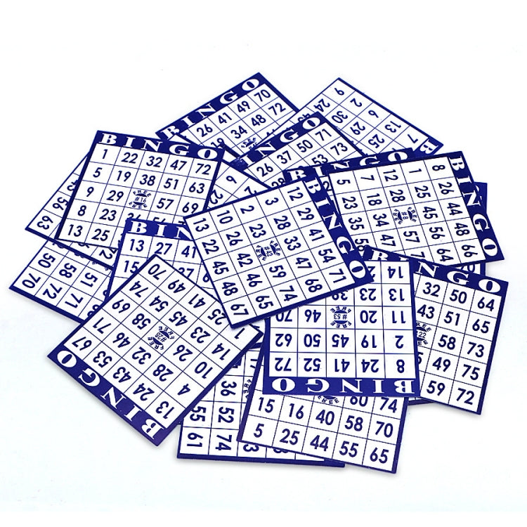 Bingo number cards with blue “BINGO” header and printed number grid tiles