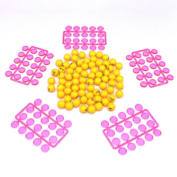 Bright yellow ball set with pink Bingo board pieces and pegs