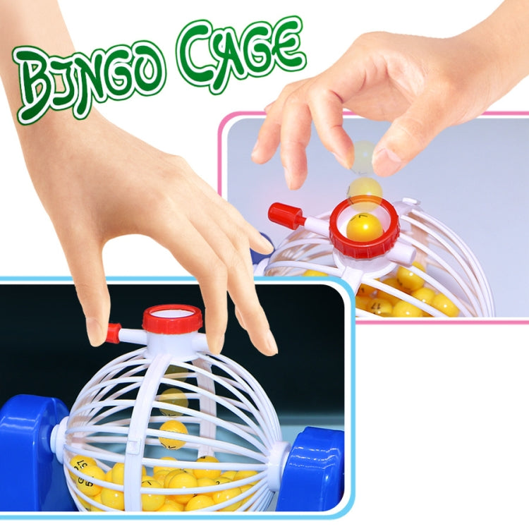 Blue Bingo desktop lottery game with red lever as hands spin the ball drum