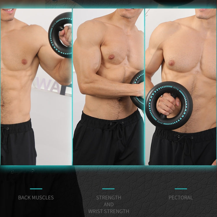 Electronic wrist power ball on forearm, turquoise LED ring clearly visible