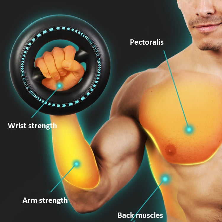 Electronic wrist power ball in use on wrist, turquoise LED ring with glow lights