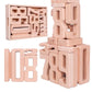 Wooden number building blocks with stacked digit pieces and lettered tray, light natural color