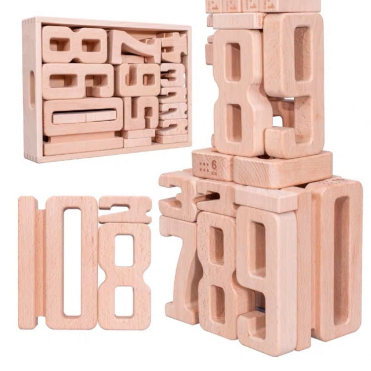 Wooden number building blocks with stacked digit pieces and lettered tray, light natural color