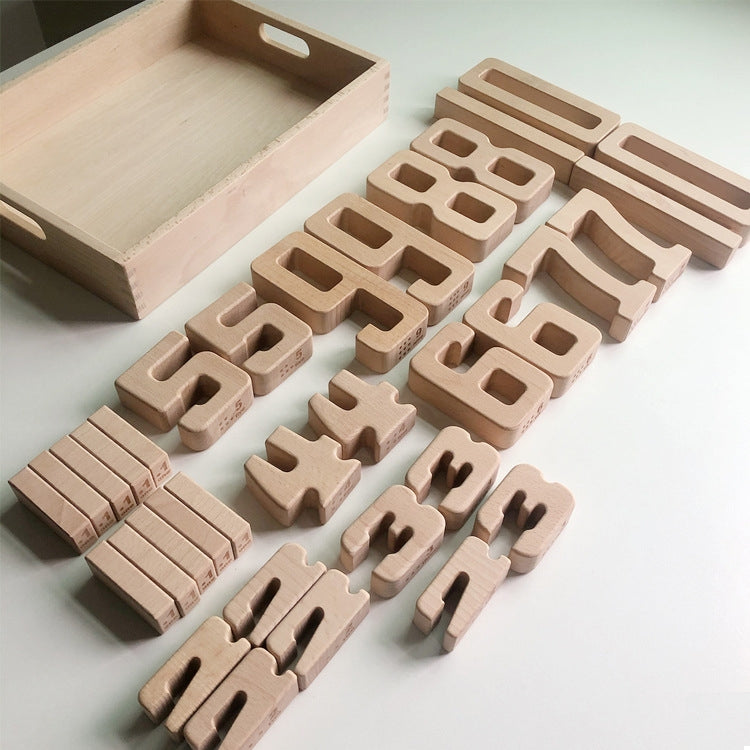 Wooden number blocks with open-square cutouts, laid out with wooden tray