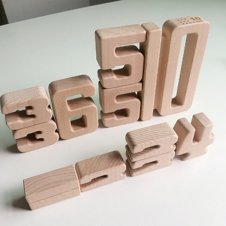 Wooden number blocks arranged in a row, featuring large digit shapes