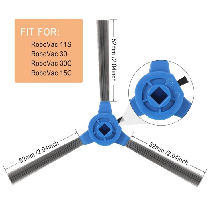 Robot vacuum side brush with blue hub and three gray bristle arms