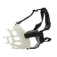 Dog muzzle cover with white plastic basket, black webbing straps, and leash-style ring