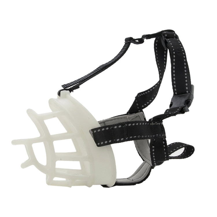 Dog muzzle cover with white plastic basket, black webbing straps, and leash-style ring