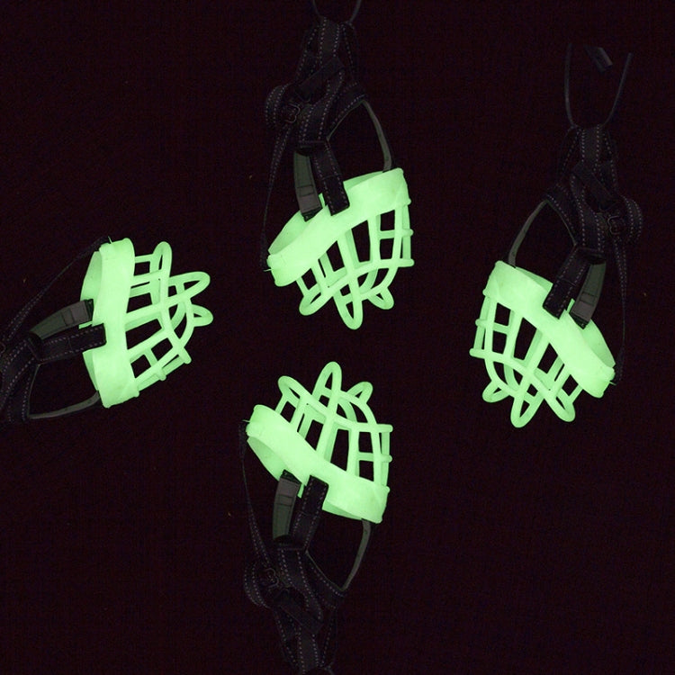 Fluorescent dog muzzle cover with glowing green plastic cage and black strap hardware