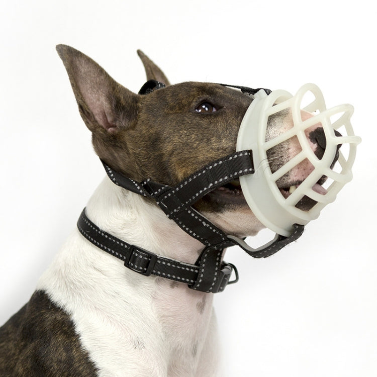 Dog anti-bite mouth cover mask with white muzzle cage and black harness straps