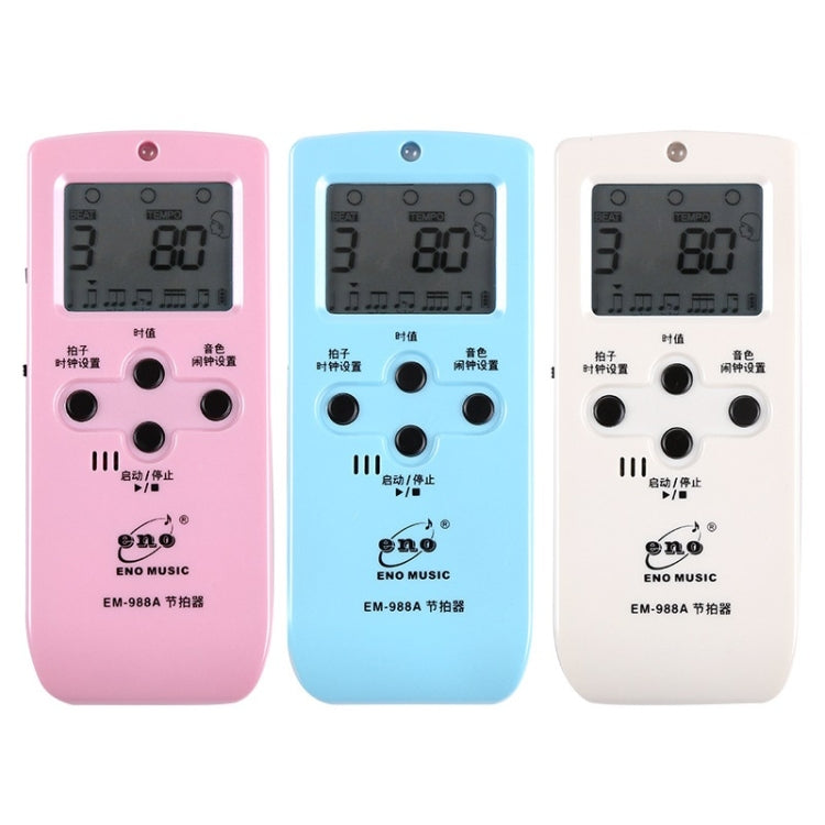 Three-color set of electronic metronomes in pink, blue, and white with LCDs