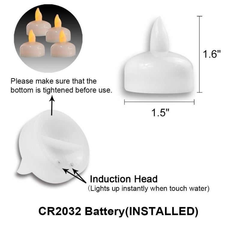 White LED floating candle with warm light, size diagram and battery icon
