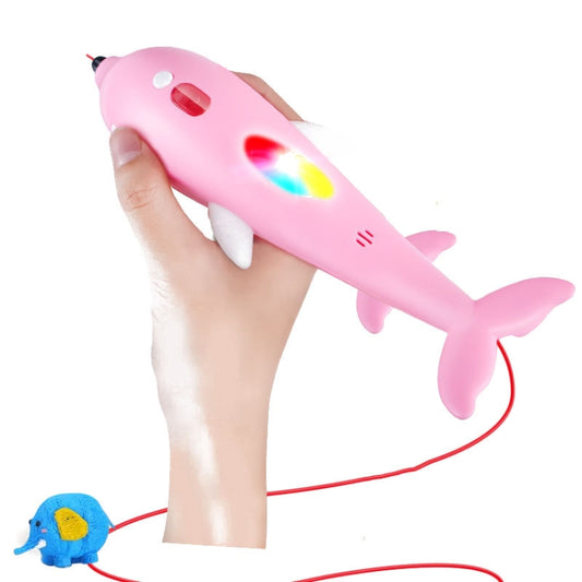 Pink dolphin-shaped 3D printing pen with glowing tip and rainbow filament