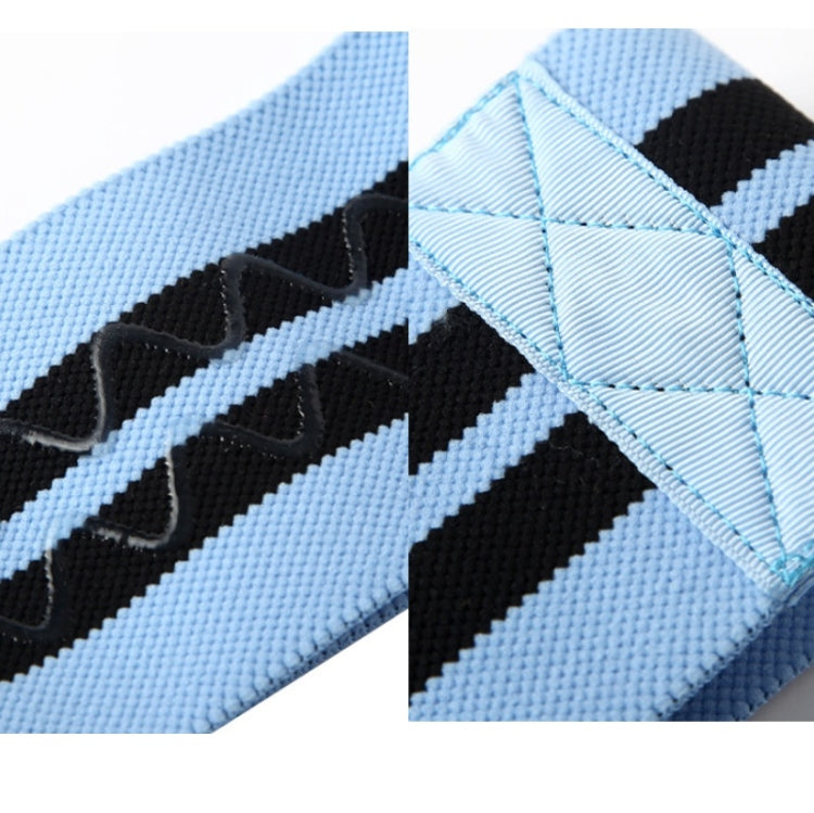 Close-up of blue resistance loop band fabric with black and light stripes