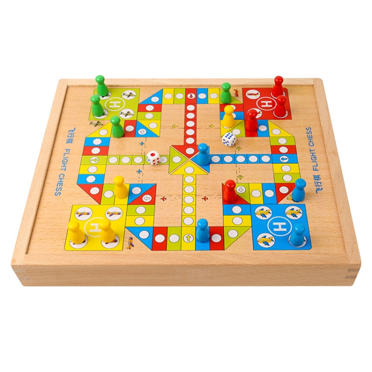 Wooden multi-game board with colorful checkered path, numbered tiles, and small plastic pieces