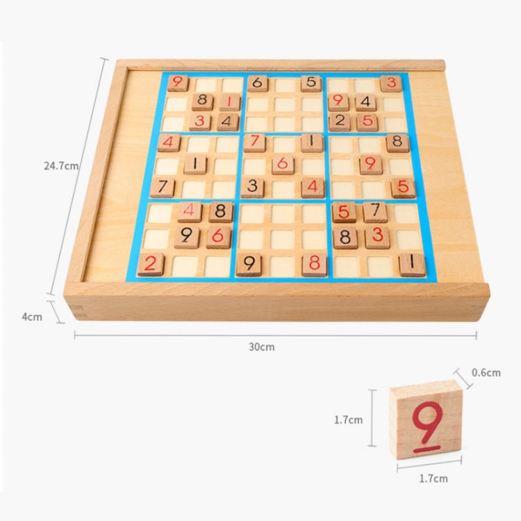 Wooden puzzle board with blue sudoku-style grid and small numbered tiles on top