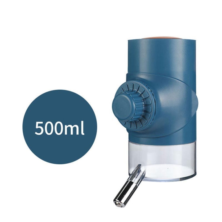 Blue 500ml hanging dog ball waterer with clear reservoir and metal drinking valve