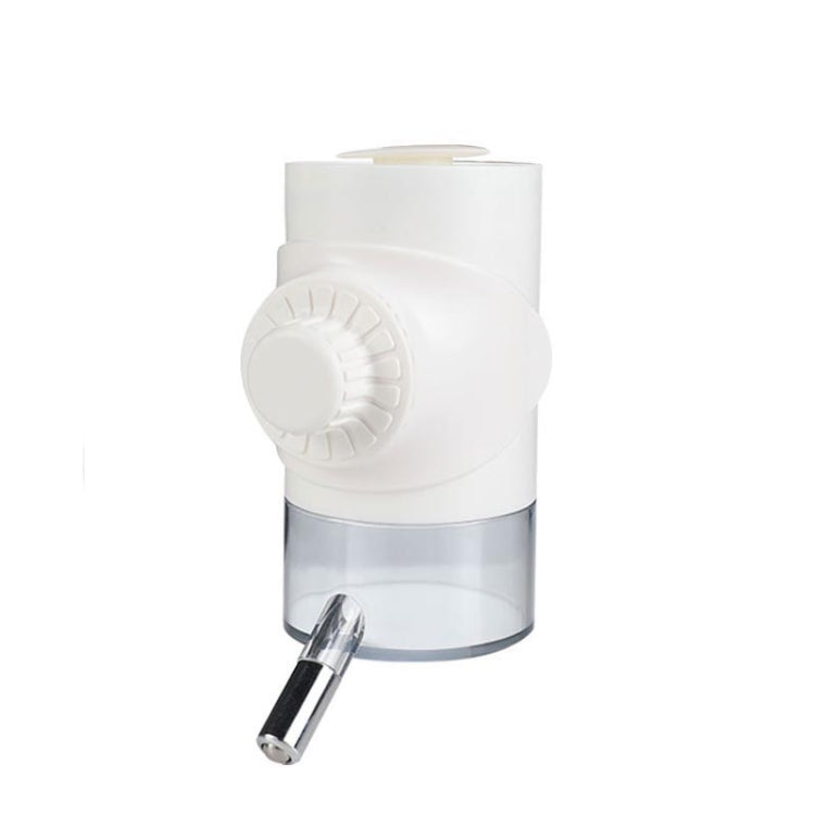 White hanging dog ball waterer with clear reservoir and metal drinking valve