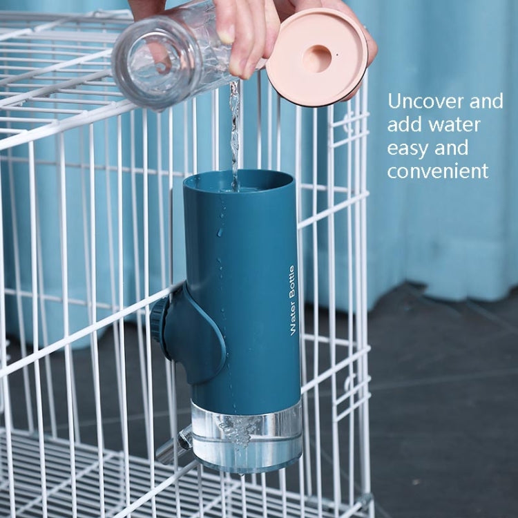 Blue hanging pet waterer cup with stainless base and pouring opening