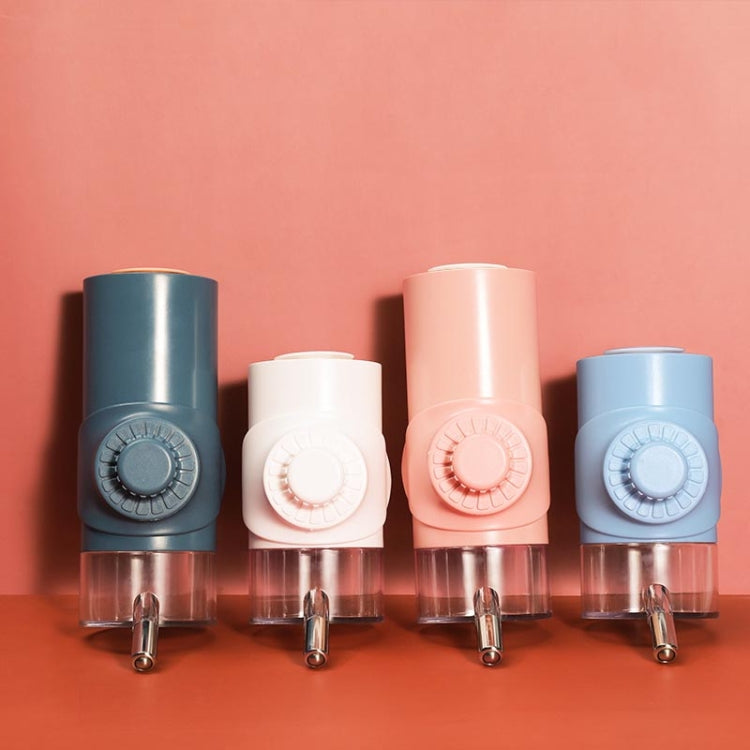 Set of hanging pet waterer cups in blue, white, pink, and light blue