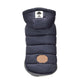 Pet padded dog coat, dark navy, back view with hood and round chest patch
