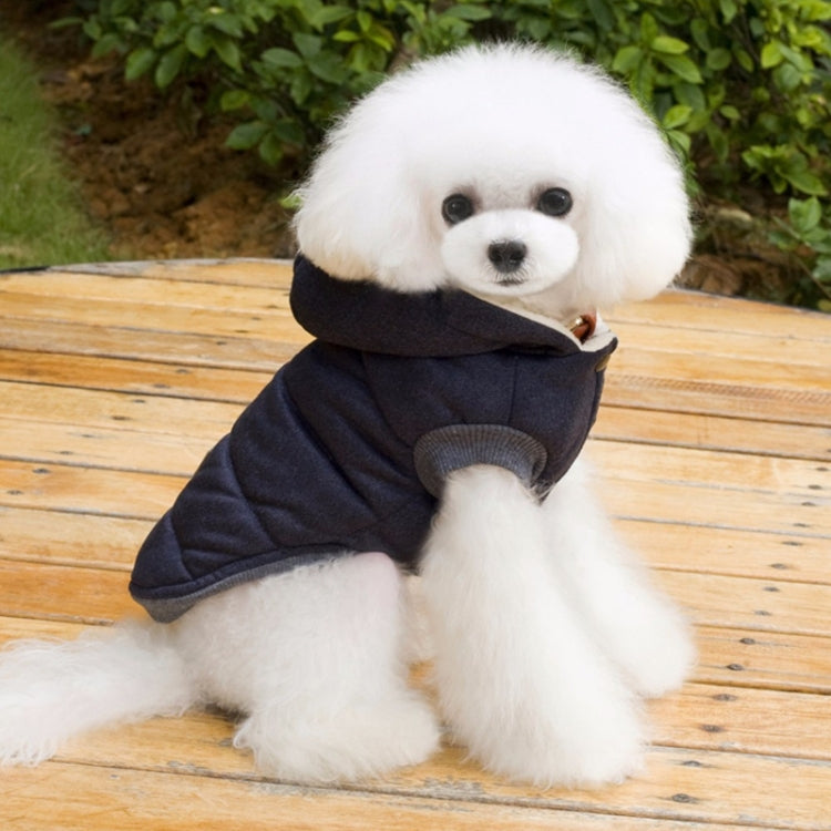 Dark padded pet winter coat with hood and belly strap for small dogs