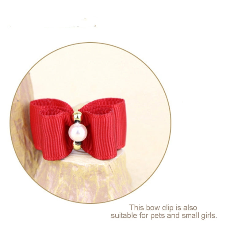 Red ribbon dog bow tie with pearl bead; product info graphic with dimensions and materials