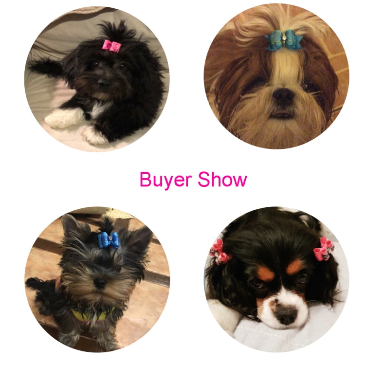 Assorted pastel ribbon dog bow ties with pearl beads and clips, including blue, pink, green, and purple
