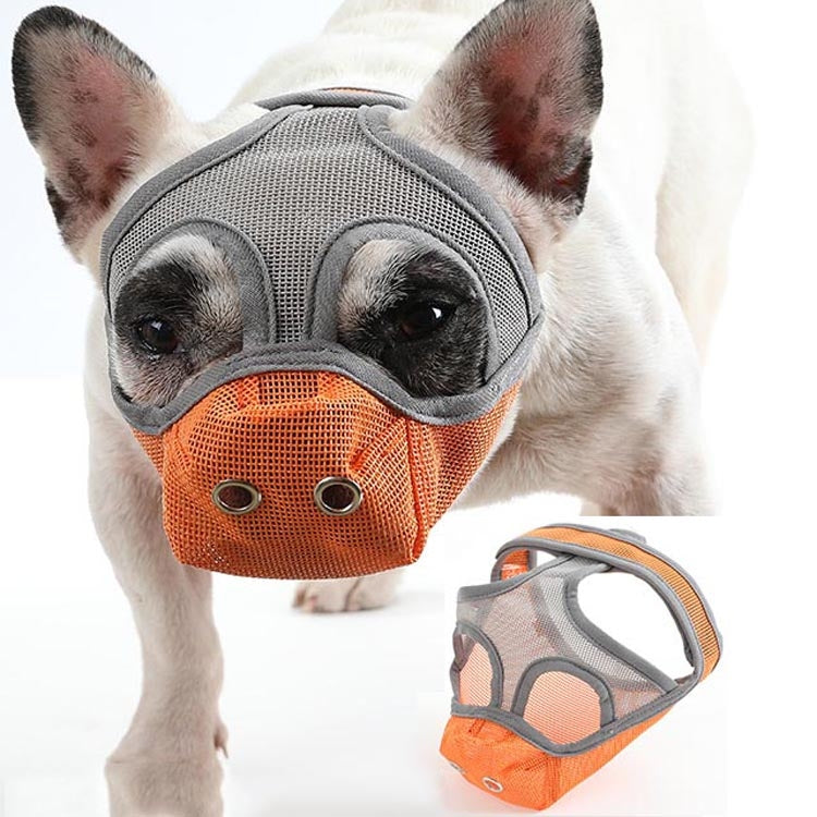 Dog mouth cover muzzle with gray mesh and orange front; extra muzzle shown.