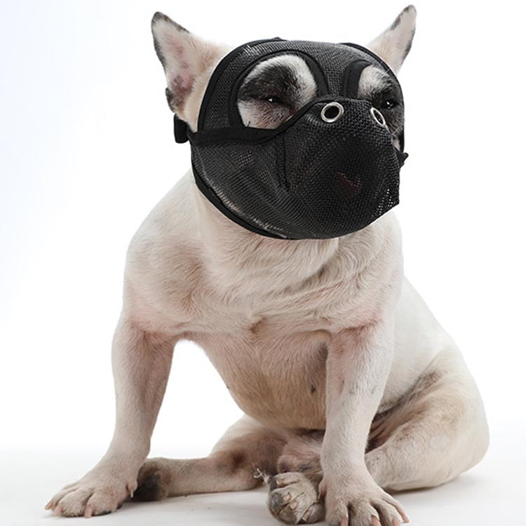 Dog mouth cover muzzle with black mesh hood for flat-face dogs.