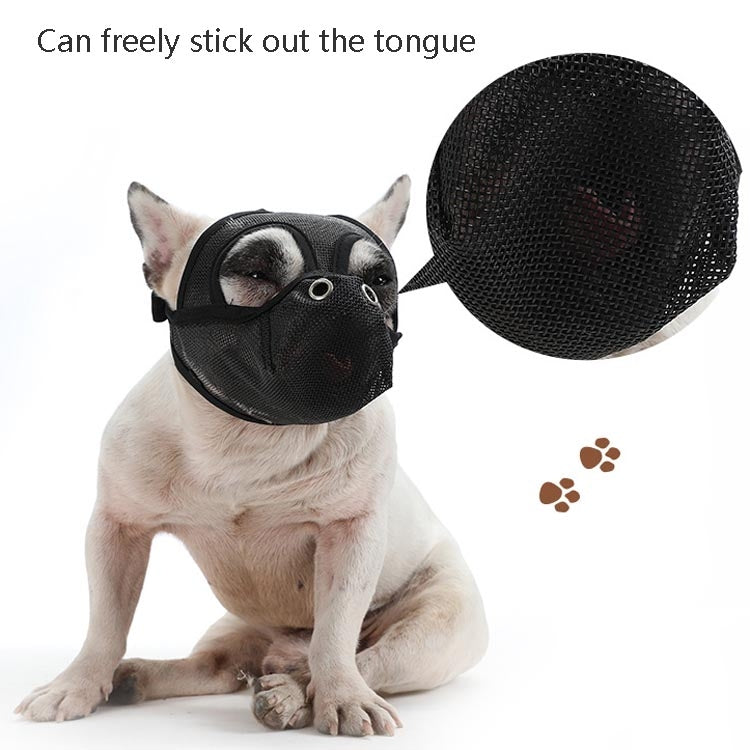 Black dog mouth cover with mesh muzzle allowing tongue to extend