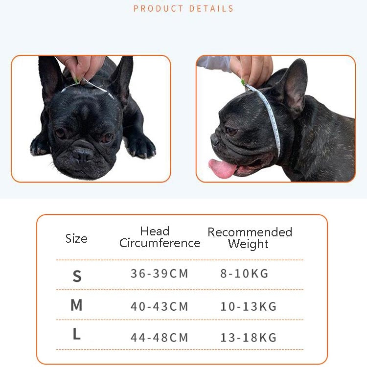 Size chart for dog mouth cover: S, M, L head circumference and weight ranges