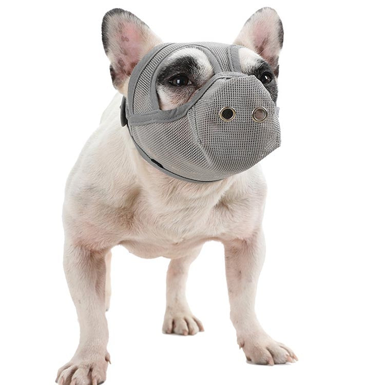 Dog mouth cover muzzle with gray mesh fabric, round eye openings.