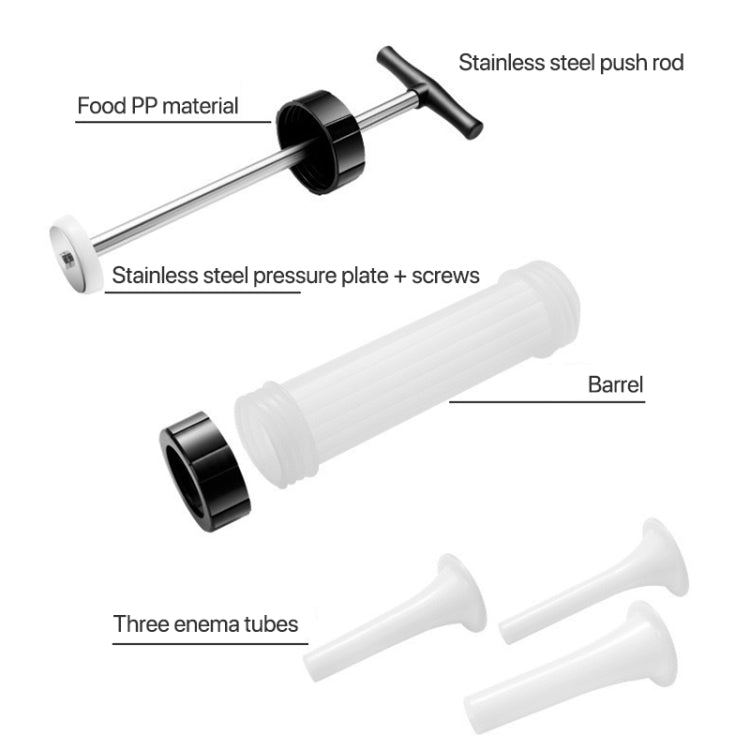 Manual sausage stuffer parts: stainless push rod, pressure plate, barrel, three tubes