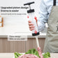 Manual sausage stuffer held upright, with piston-style push rod and casing filling