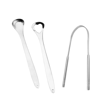 Stainless steel tongue scraper and cleaner set, two curved scrapers and handle tools
