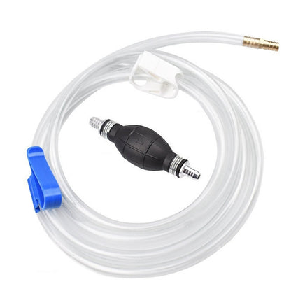 Manual hand siphon pump with clear hose, black rubber bulb, and blue retaining clip