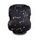 Black stroller cover with white constellation star pattern, curved top opening