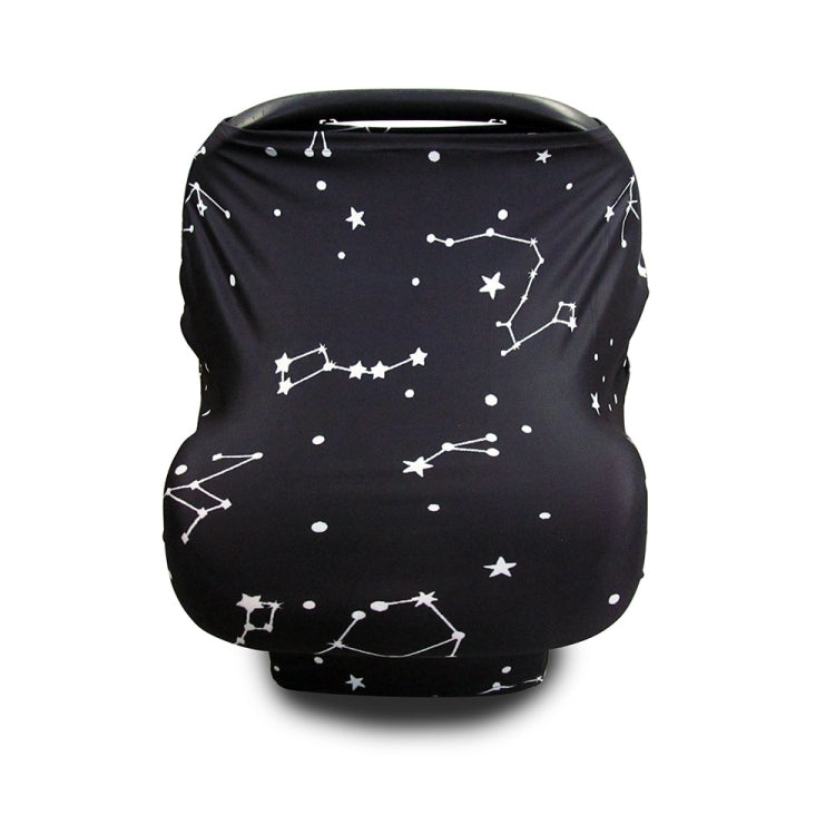 Black stroller cover with white constellation star pattern, curved top opening