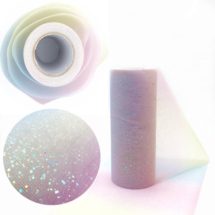 Glitter net yarn roll with pink, yellow, and blue gradient sparkles, rolled tightly