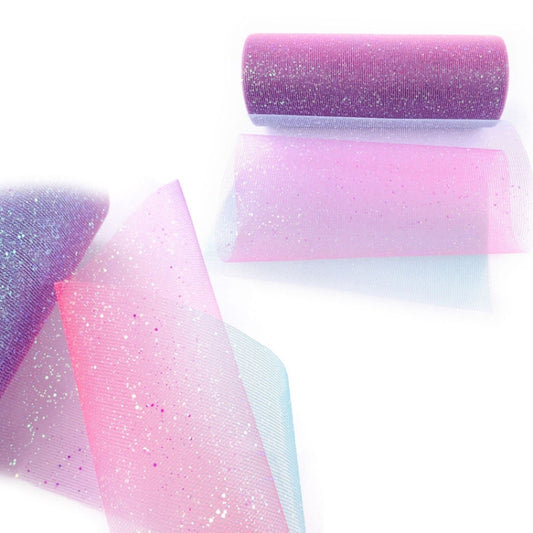Glitter net yarn roll in pink and purple gradient with dense glitter sparkle finish
