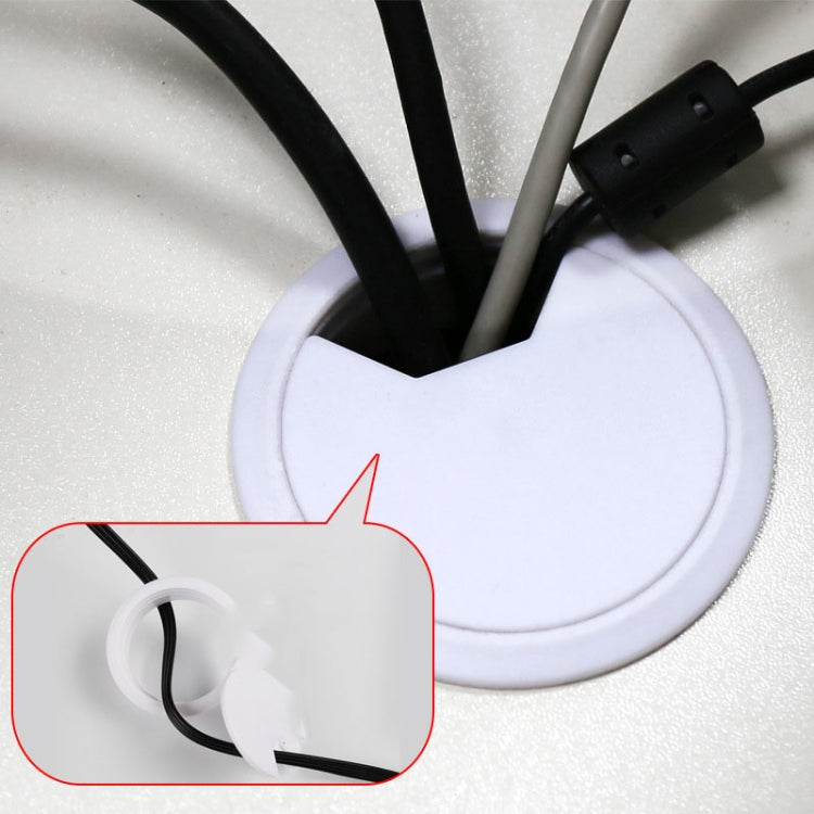 White round desk cable hole cover with close-up of cable routing