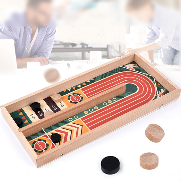 Wooden catapult chessboard game with red track, numbered lane, and wooden frame