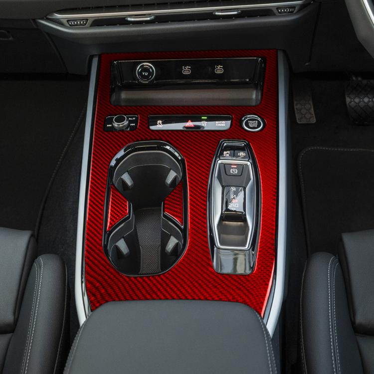 Red carbon-fiber cup holder trim set installed on center console, 3-piece, RHD