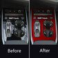 Center console control area with red carbon-fiber trim panel and silver shifter