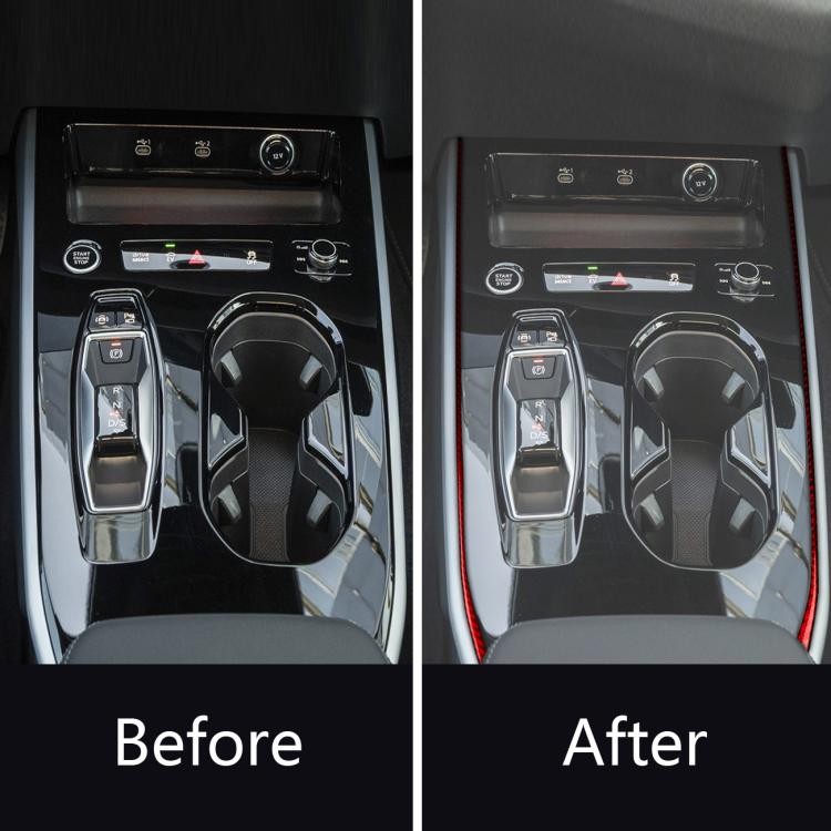 Installed red carbon-fiber gear shift side trim strips around the center console.