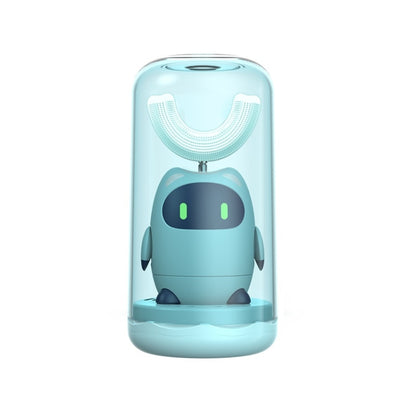 Blue automatic electric toothbrush with U-shaped bristle head in base