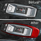 Red carbon-fiber gear shift panel trim surround on center console controls